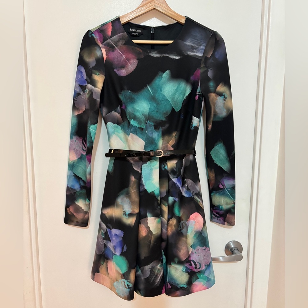 BEBE Watercolor Long Sleeve Fit-and-Flare Dress